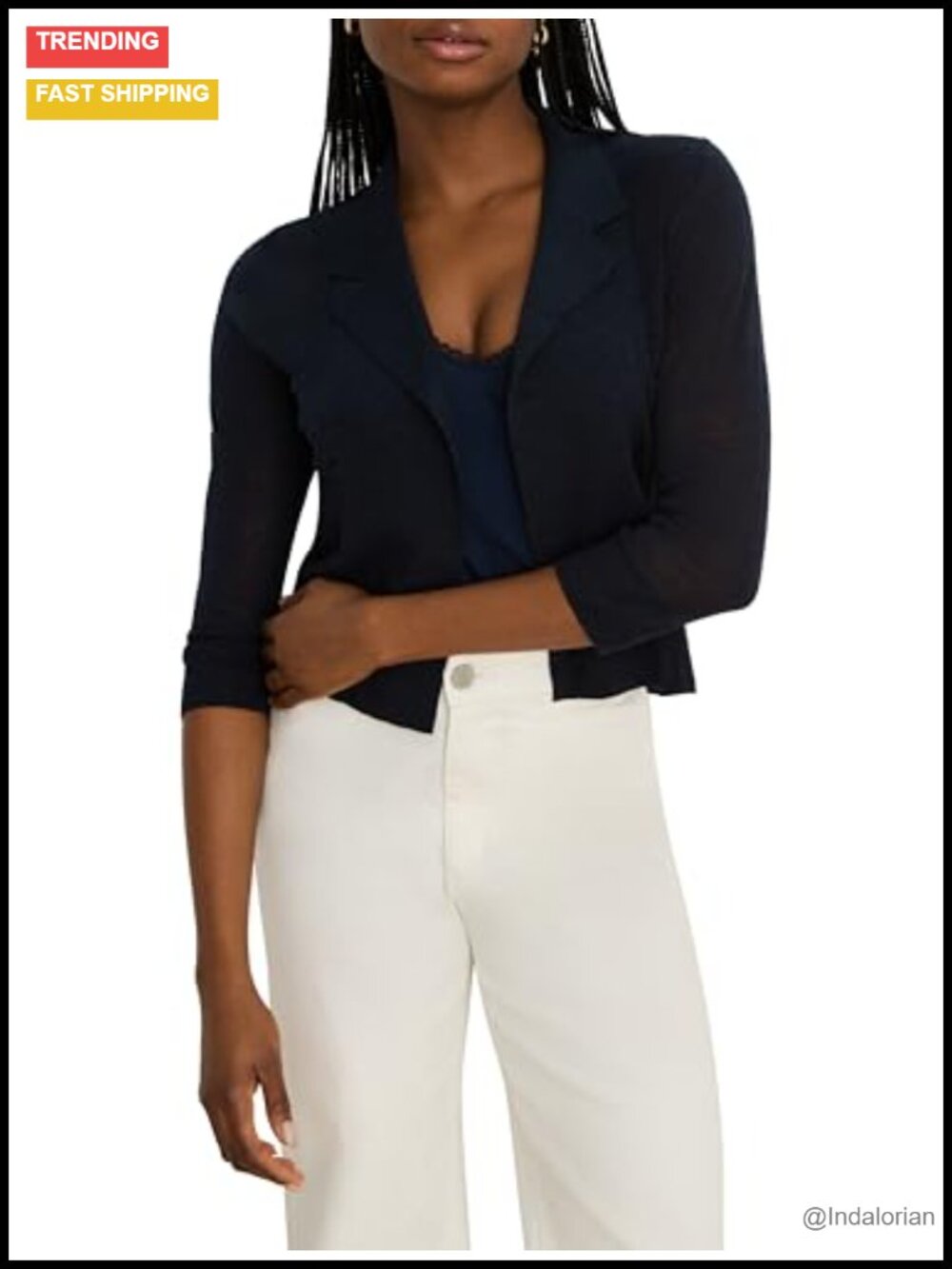 Lightweight Linen Blend Featherknit Collared Cardigan 3/4 Sleeve